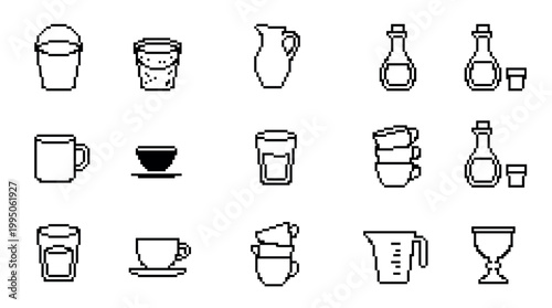 Set of black and white pixel art icons showing various kitchenware and containers like cups, mugs, bottles, and jugs in a minimalist 8-bit retro digital graphic style