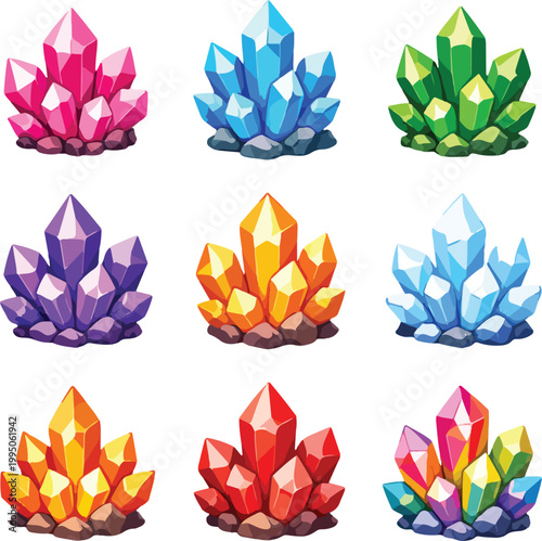 Collection of colorful crystal clusters, sparkling gems on rocks, flat design vector illustration