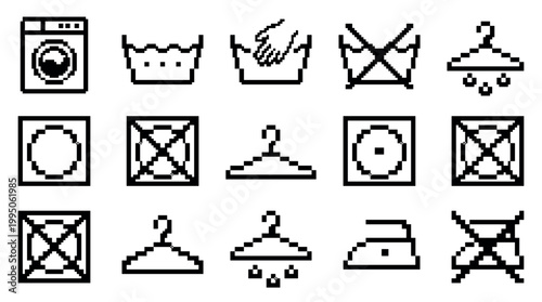 Set of black pixel art laundry care symbols showing washing, drying, and ironing instructions for clothing labels in a retro 8-bit minimalist video game style