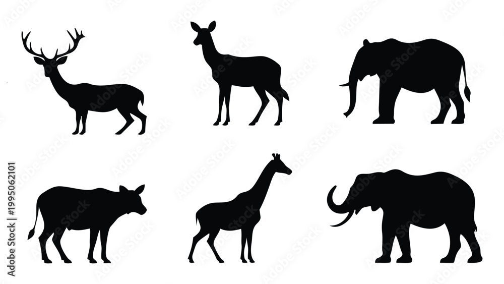 Fototapeta premium Animal silhouette vector set featuring farm and wild animals including horse, dog, deer, elephant, cat, cow, goat, giraffe, wolf and more