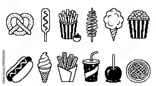 Pixel art collection of fair food icons including hot dogs, popcorn, pretzels, and soda, presented in a black and white monochrome 8-bit retro video game graphic style