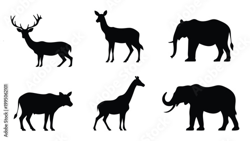 Animal silhouette vector set featuring farm and wild animals including horse, dog, deer, elephant, cat, cow, goat, giraffe, wolf and more