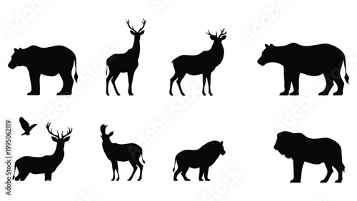 Set of wild and farm animal silhouettes vector illustration featuring horse dog deer elephant cat cow goat wolf tiger giraffe running animals