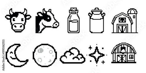 Collection of monochrome pixel art icons featuring farm life and celestial night objects such as a cow, milk bottle, barn, moon, cloud, and star in a simple 8-bit graphic style