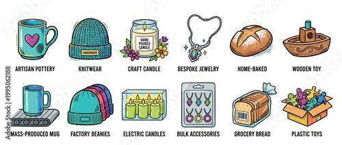 Illustrated comparison of artisan handmade products versus mass-produced factory goods, showcasing differences in pottery, candles, jewelry, bread, and toys