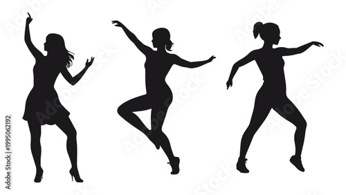 Silhouette vector illustration of dancing girls and people in motion including dance sport running fitness exercise group and artistic black silhouette style