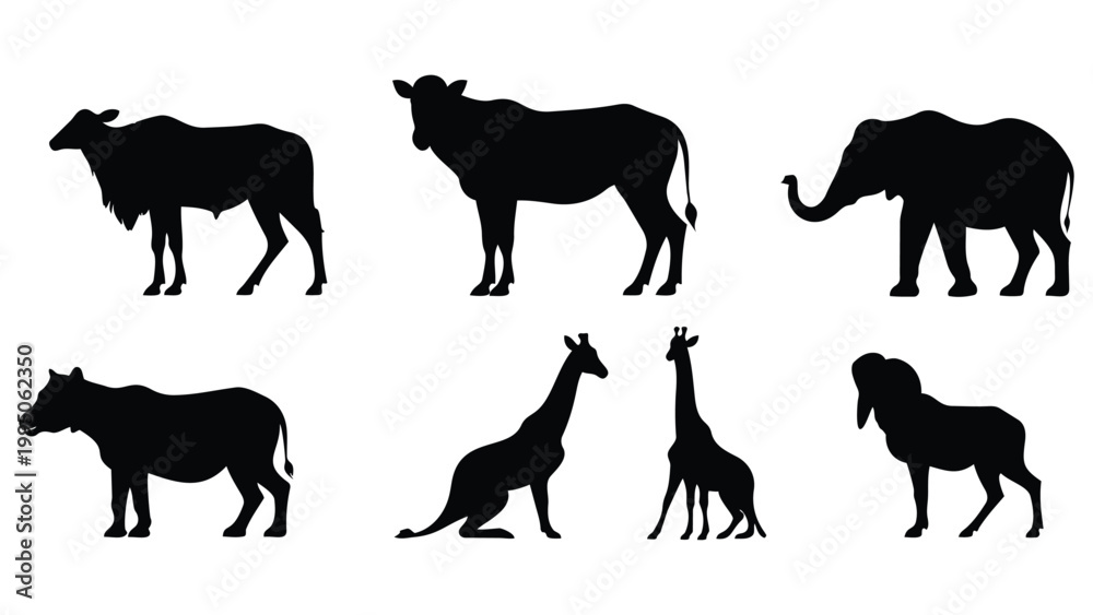 Obraz premium Animal silhouette vector set featuring horses and various wild and farm animals