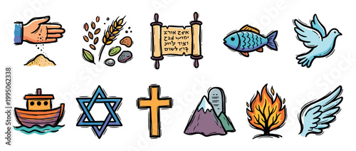 Collection of colorful hand-drawn religious symbols for Christianity and Judaism, including a cross, Star of David, Torah scroll, dove, and fish in a fun doodle style