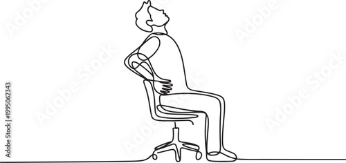 Continuous one line drawing man sitting in a work chair with hands holding his waist. Stretch body and mind. Work overtime on weekends. one line Icon drawing
