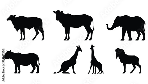 Animal silhouette vector set featuring horses and various wild and farm animals
