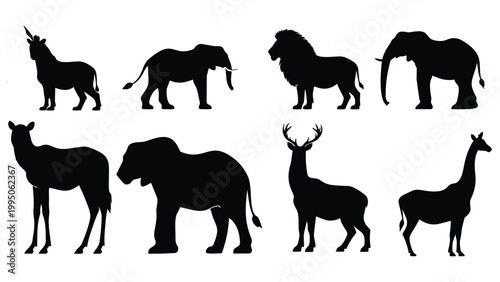 Set of animal silhouette vector illustrations featuring wild and farm animals icons including horse elephant dog giraffe tiger cow bear pony running wildlife collection