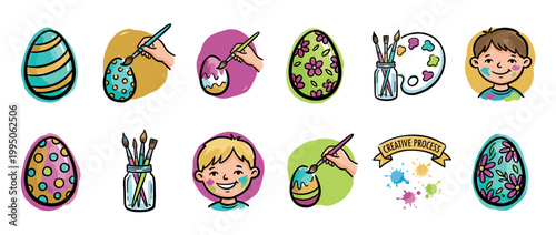 Collection of hand-drawn Easter icons showing children painting colorful eggs with brushes and palettes in a fun, creative doodle style for the spring holiday season