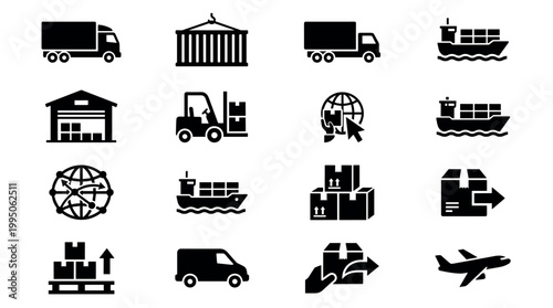 Collection of sixteen black solid glyph icons for logistics, shipping, and delivery services, including symbols for truck, freight, cargo ship, warehouse, and global transport