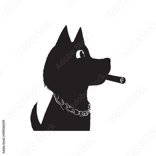 Black dog silhouette wearing a chain and smoking a cigar