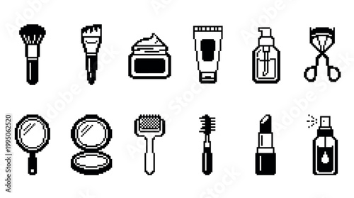 Black and white pixel art icons of makeup and skincare products including a brush, lipstick, cream, mirror, and eyelash curler in a retro 8-bit digital illustration style