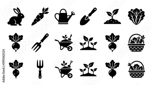 Set of black gardening and farming icons featuring a rabbit, carrot, watering can, trowel, sprout, and beet in a simple glyph style for agriculture and horticulture concepts