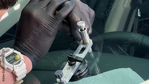 Windshield repair. Repair of a chip on the windshield of a car. Mounted windshield repair bridge holds resin applicators securely over the crack. Bridge tool for injecting resin in damaged windshield.