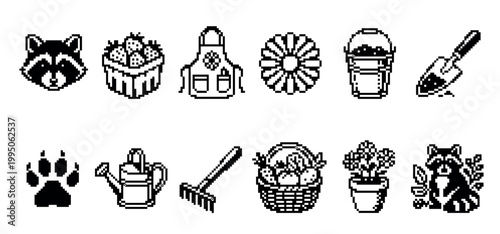 Black and white pixel art icon set of gardening tools and a cute raccoon, featuring a watering can, trowel, rake, flower, apron, paw print, and baskets of fresh produce