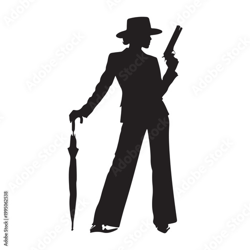 Woman in suit with hat holding gun and umbrella silhouette