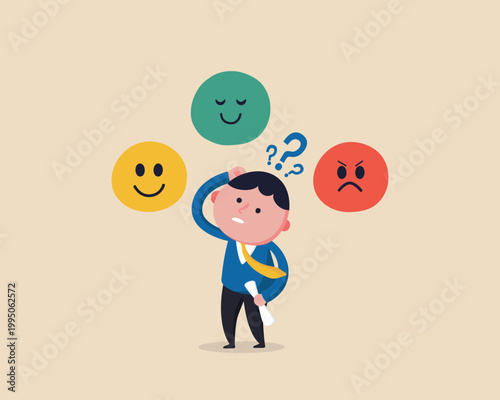 Confused businessman scratching head near different emotion icons, decision making