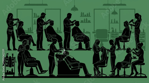 Silhouettes of people getting haircuts and hair treatments in a busy salon.
