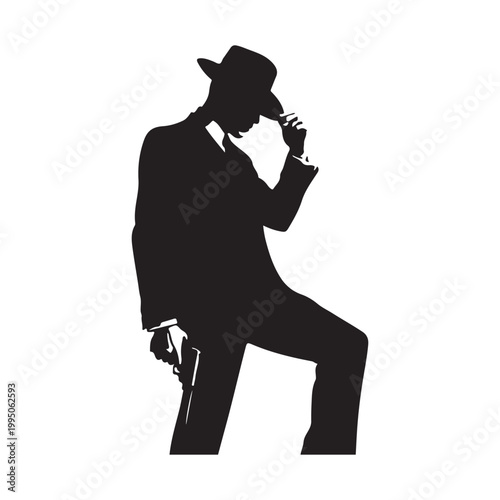 Man in suit tipping hat holding gun silhouette male