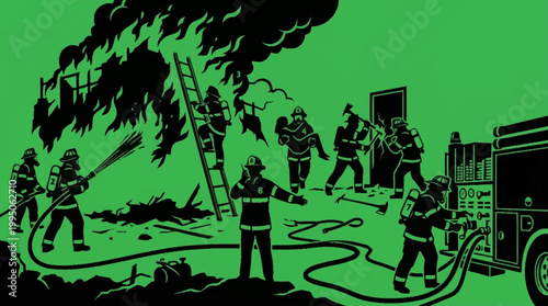 Firefighters bravely battling a raging house fire, rescuing individuals and extinguishing flames with hoses and ladders.