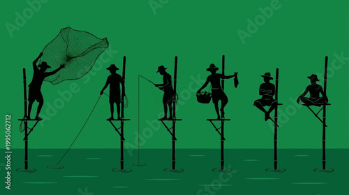 Silhouettes of fishermen on stilts engaged in various fishing activities against a green background.