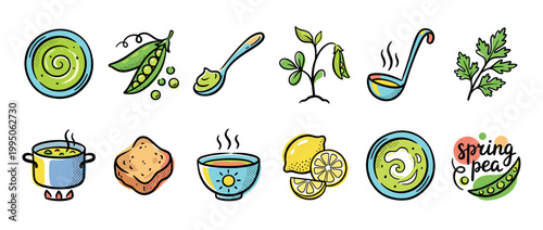 Colorful set of hand-drawn illustrations showing the process of making green pea soup, with icons of pea pods, a cooking pot, bowls, lemon, bread, and herbs in a charming doodle style