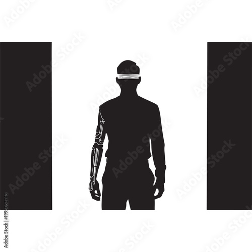 Silhouette of a person with a cybernetic arm and VR headset