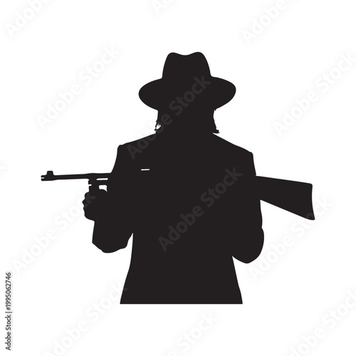 Silhouette of a gangster with a tommy gun submachine gun