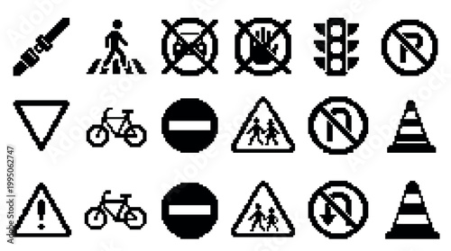 Black pixelated traffic and road safety icons presented in a collection of minimalist 8-bit style symbols for driving regulations, including pedestrian crossing, traffic light, and warning signs
