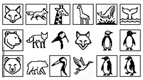 Black and white pixel art animal icon set with various creatures like a fox, bear, giraffe, whale, and penguin, rendered in a minimalist 8-bit retro gaming aesthetic