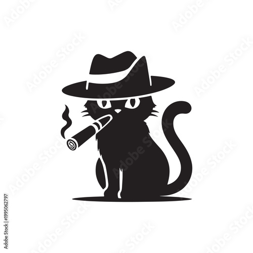 Cartoon black cat wearing a fedora and smoking a cigar
