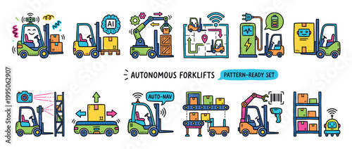Colorful hand-drawn autonomous forklift and warehouse automation icon set showing smart logistics, robotic arms, AI navigation, electric charging, and conveyor belt systems