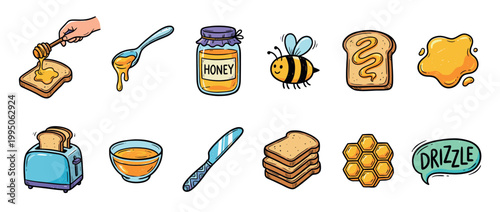 Collection of honey and breakfast illustrations in a cute hand-drawn doodle style, featuring a charming bee, honeycomb, toast, a toaster, a jar, and a dipper for a sweet meal