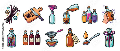 Colorful set of hand-drawn illustrations showing the step-by-step process for making homemade vanilla extract, from chopping beans to bottling the final product as a gift