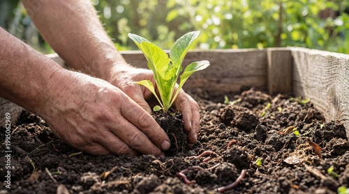 Hands planting young green seedling in soil garden bed outdoor