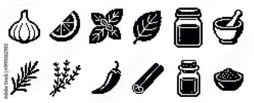 Set of twelve black pixel art icons showing culinary herbs and spices like garlic, basil, rosemary, and chili pepper in a simple retro 8-bit graphic style