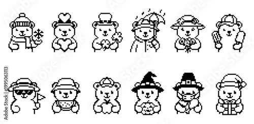 Pixel art teddy bear icon collection showing twelve characters for different holidays and seasons like Christmas, Halloween, and Valentine's Day in a retro 8-bit video game style
