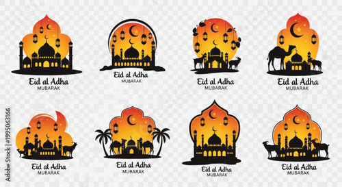 Eid al adha mubarak festive illustrations with mosque silhouettes and lanterns on colorful backgrounds