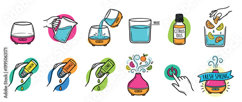 Set of hand-drawn infographic icons showing step-by-step instructions for using an essential oil aroma diffuser with citrus scents for home aromatherapy and wellness