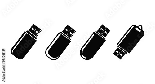 Four black usb flash drives depicted in a stark silhouette