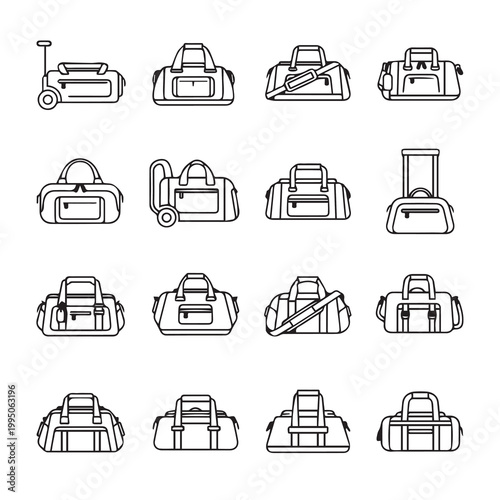 Duffel Bag Collection with Wheels and Straps in Clean Outline Style
