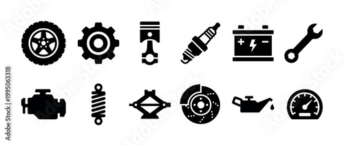 Set of black car service icons including a tire, gear, piston, engine, battery, and wrench for automotive repair and maintenance concepts in a flat glyph style