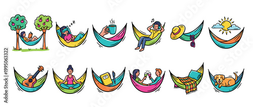 Colorful cartoon icon set of people relaxing in hammocks, enjoying summer vacation activities like reading, sleeping, meditating, listening to music, and drinking with a pet