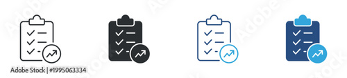 Task Progress icon set. Clipboard with checklist and upward trend arrow, performance tracking and productivity growth concept, task completion and progress monitoring symbol, vector illustration