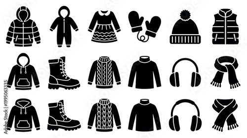 Collection of black winter clothing icons featuring a jacket, sweater, boots, scarf, hat, and mittens in a simple glyph style for graphic design and web elements