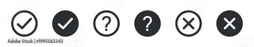 Validation icon set. Check mark, cross and question symbols in circle, approval and rejection concept, verification and decision status icons, vector illustration