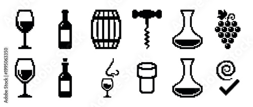 Pixel art wine icon set collection showing various winemaking and tasting elements like a glass, bottle, barrel, and corkscrew in a retro 8-bit monochrome style for digital design